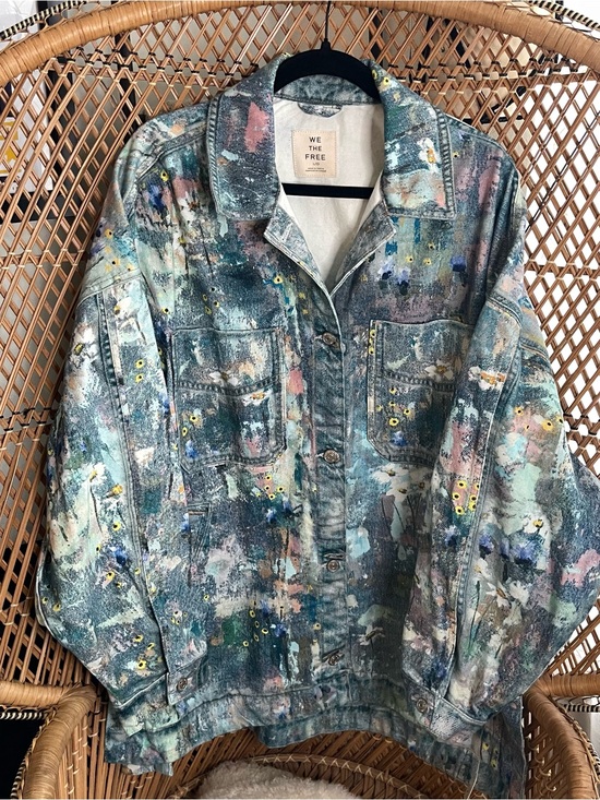 Free People Jackets & Blazers - Free People Painted Denim Jacket in Teal & Pastel Floral
